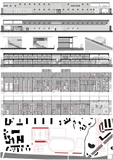 Operating building of the municipal stadium in Semily - competition results - 2nd prize: Ing. Tomáš Kalhous, Ing. arch. Marek Přikryl, Ing. arch. Martin Prokš