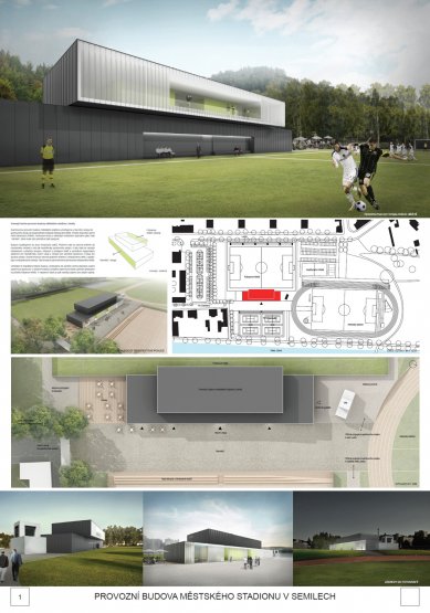 Operating building of the municipal stadium in Semily - competition results - Reward: Ing. Marie Hlavatá, Ing. arch. Josef Hlavatý, Ing. arch. Lenka Hlavatá