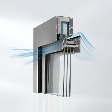 New acoustic window Schüco AWS 90 AC.SI reduces noise even when ventilating - In the folded position for noise reduction, external air is supplied through venting cassettes installed in the top part of the frame of the Schüco AWS 90 AC.SI noise barrier window. This results in sound dispersion.