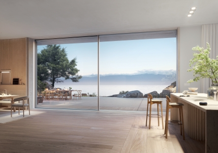 Minimalism par excellence: Frameless and also barrier-free sliding system Schüco AS PD 75.HI - Aluminum sliding systems Schüco AS PD 75.HI (Panorama Design) combined minimalism with maximum functionality and for the first time allowed the combination of a concealed frame with a recessed threshold.