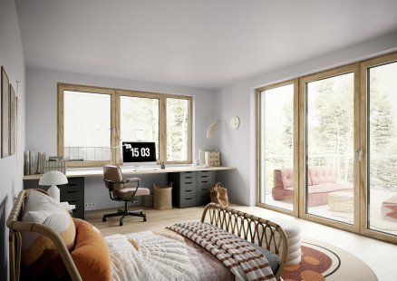 Prémiová okna ARTEVO v moderní architektuře - Dřevěný dekor a probarvené profily působí elegantním dojmem